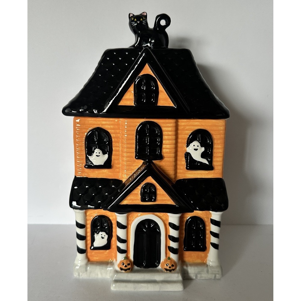 Jack Lantern Lane Haunted House Ghost Cat Halloween Ceramic Cookie Jar